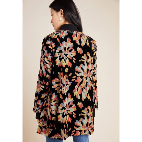 Eva Franco Anthropologie Floral Fireworks Black Car Coat Jacket - Picture 2 of 4